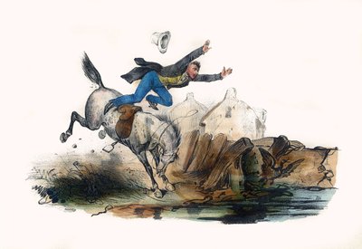 En ryttare faller efter rusningen av sin häst. I "" Album Grotesque, Choices of Outstanding Types", illustrationer av Victor Adam, Paris, cirka 1850. av Victor Adam
