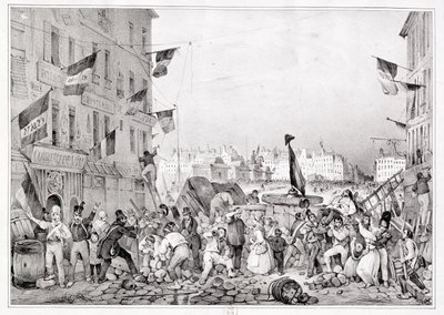 Barrikad vid Rue Dauphine, 29 juli 1830, graverad av H. Delaporte av Victor Adam