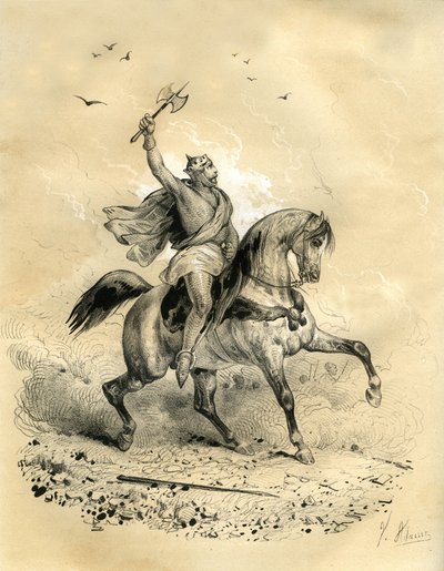 Karl Martel (688-741) vann över de arabiska trupperna i Poitiers år 732. Gravyr av Victor Adam (1801-1866) i boken "France in the Middle Ages" utgiven av bröderna Ardant i mitten av 1800-talet. av Victor Adam