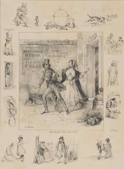 skållad katt fruktar kallt vatten, 1800-talet. av Victor Adam
