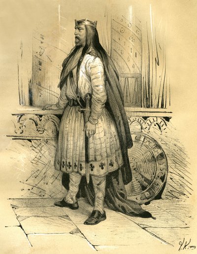 Klodion den hårige, ledare för Saliens Francs från omkring 428 till sin död 447, troligen förfader till merovingerna. Gravyr av Victor Adam (1801-1866) i boken "France in the Middle Ages" utgiven av bröderna Ardant i mitten av 1 av Victor Adam