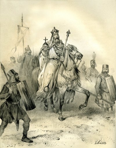 Kejsar Charlemagne, som bär maktens emblem, rider i spetsen för sina trupper soldater i rustning. Gravyr av Victor Adam (1801-1866) i boken "France in the Middle Ages" som gavs ut av bröderna Ardant i mitten av 1800-talet. av Victor Adam