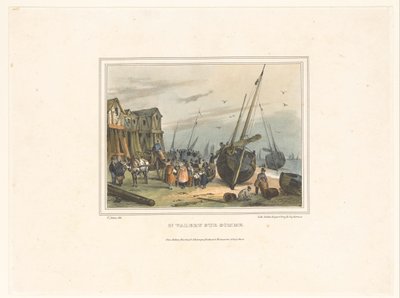 Stranden i Saint-Valery-sur-Somme St. Valery sur Somme (titel på objekt) Dräkter för invånarna i hamnstäderna (serietitel) Costumes de marins, dessinés dans les ports (serietitel) av Victor Adam