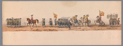Historisk procession vid det andra hundraårsjubileet av Utrecht University of Applied Sciences, 1836 (skylt 7) Nederländska arméernas närmande till Oostende den 3 juli 1600, dagen efter segern vid Nieuwpoort; enligt den av H H Student givna kostymframställ av Victor Adam