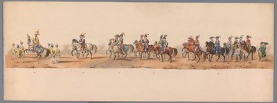 Historisk procession vid Utrechts universitets andra hundraårsjubileum, 1836 (skylt 8) Nederländska arméns mars till Ostende den 3 juli 1600, dagen efter segern vid Nieuwpoort; enligt den klädda föreställningen som H H Student gav av Victor Adam