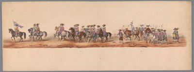 Historisk procession vid det andra hundraårsjubileet av Utrecht University of Applied Sciences, 1836 (skylt 5) Nederländska arméernas närmande till Oostende den 3 juli 1600, dagen efter segern vid Nieuwpoort; enligt den av H H Student givna kostymframställ av Victor Adam