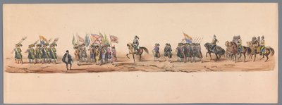 Historisk procession vid Utrechts universitets andra hundraårsjubileum, 1836 (skylt 9) Nederländska arméns mars till Ostende den 3 juli 1600, dagen efter segern vid Nieuwpoort; enligt den klädda föreställningen som H H Student gav av Victor Adam