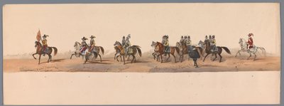 Historisk procession vid det andra hundraårsjubileet av Utrecht University of Applied Sciences, 1836 (skylt 2) Nederländska arméernas närmande till Oostende, den 3 juli 1600, dagen efter segern vid Nieuwpoort; enligt den av H H Student givna kostymframstäl av Victor Adam