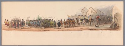 Historisk procession vid det andra hundraårsjubileet av Utrecht University of Applied Sciences, 1836 (skylt 10) Nederländska arméernas närmande till Oostende den 3 juli 1600, dagen efter segern vid Nieuwpoort; enligt den kostymerade presentationen, given a av Victor Adam