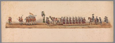 Historisk procession vid det andra hundraårsjubileet av Utrecht University of Applied Sciences, 1836 (skylt 3) Nederländska arméernas närmande till Oostende den 3 juli 1600, dagen efter segern vid Nieuwpoort; enligt den av H H Student givna kostymframställ av Victor Adam