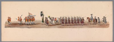 Historisk procession vid det andra hundraårsjubileet av Utrecht University of Applied Sciences, 1836 (skylt 3) Nederländska arméernas närmande till Oostende, den 3 juli 1600, dagen efter segern vid Nieuwpoort; enligt den av H H Student givna kostymframstäl av Victor Adam
