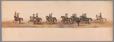 Historisk procession vid det andra hundraårsjubileet av Utrecht University of Applied Sciences, 1836 (skylt 2) Nederländska arméernas närmande till Oostende den 3 juli 1600, dagen efter segern vid Nieuwpoort; enligt den av H H Student givna kostymframställ av Victor Adam