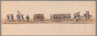 Historisk procession vid det andra hundraårsjubileet av Utrecht University of Applied Sciences, 1836 (skylt 4) Nederländska arméernas närmande till Oostende den 3 juli 1600, dagen efter segern vid Nieuwpoort; enligt den av H H Student givna kostymframställ av Victor Adam