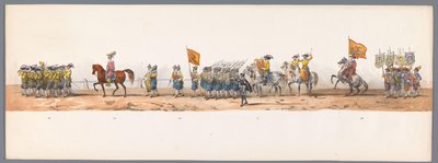 Historisk procession vid det andra hundraårsjubileet av Utrecht University of Applied Sciences, 1836 (skylt 7) Nederländska arméernas närmande till Oostende den 3 juli 1600, dagen efter segern vid Nieuwpoort; enligt den av H H Student givna kostymframställ av Victor Adam