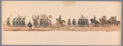 Historisk procession vid det andra hundraårsjubileet av Utrecht University of Applied Sciences, 1836 (skylt 9) Nederländska arméernas närmande till Oostende, den 3 juli 1600, dagen efter segern vid Nieuwpoort; enligt den av H H Student givna kostymframstäl av Victor Adam