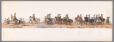 Historisk procession vid det andra hundraårsjubileet av Utrecht University of Applied Sciences, 1836 (skylt 8) Nederländska arméernas närmande till Oostende den 3 juli 1600, dagen efter segern vid Nieuwpoort; enligt den av H H Student givna kostymframställ av Victor Adam
