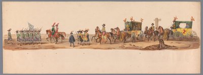 Historisk procession vid det andra hundraårsjubileet av Utrecht University of Applied Sciences, 1836 (skylt 6) Nederländska arméernas närmande till Oostende den 3 juli 1600, dagen efter segern vid Nieuwpoort; enligt den av H H Student givna kostymframställ av Victor Adam