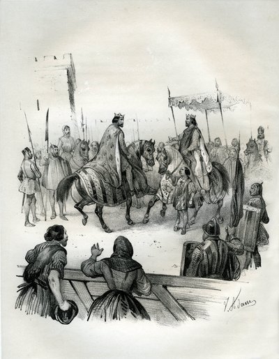 Intervju år 1023 mellan Henri 2 (känd som den lame och helgonet, 973-1024), tysk kejsare (hertig av Baviere och kung av Germanien) och Robert 2 den Pieux (970-1031), kung av Frankrike från 996 till sin död. Robert var son till Hugues Capet, vars kröning i av Victor Adam