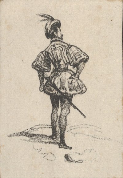 Man med svärd och fjäderhatt, sedd bakifrån, mitten av 1800-talet. av Victor Adam