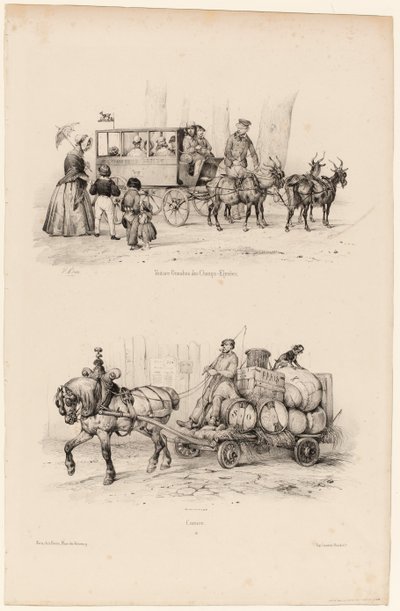 Omnibusbuss på Champs-Elysées, ca 1841-44 (tryck) av Victor Adam