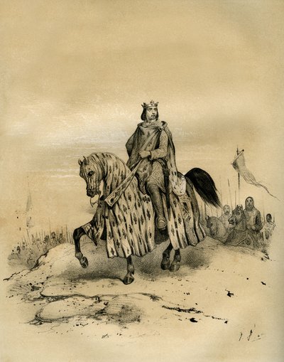 Filip 6 av Valois (1293-1350), kung av Frankrike 1328-1350, den förste kungen av Valoisdynastin, red i spetsen för sina trupper när han tog makten 1328, trots att Edvard 3 av England gjorde anspråk på honom. Detta gräl inledde det 100-åriga kriget. Philipp av Victor Adam