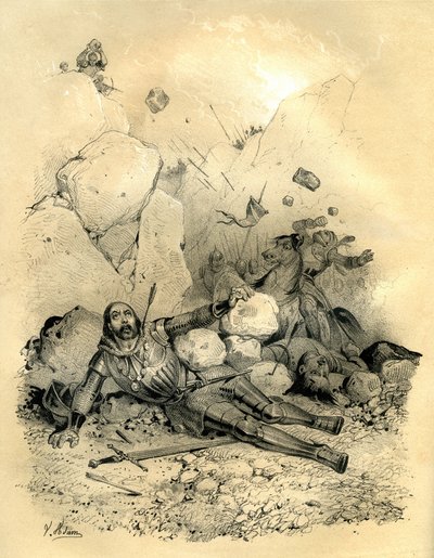 Roland, greve av Bretagne, dödad av en avdelning Vascons (basker) år 778 i dalen Ronceveaux (Pyrenéerna). Gravyr av Victor Adam (1801-1866) i boken "France in the Middle Ages" utgiven av bröderna Ardant i mitten av av Victor Adam