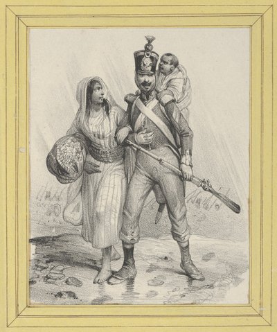 Soldat mit einer Frau am Arm und einem Kind auf dem Rücken av Victor Adam