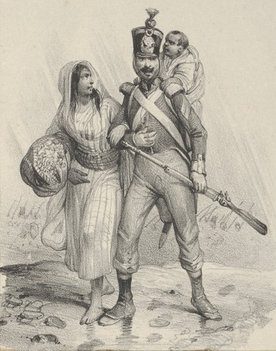 Soldat med en kvinna på armen och ett barn på ryggen, mitten av 1800-talet.. av Victor Adam