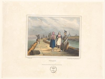 Två flickor och en soldat på bryggan i Calais Calais (titel på objekt) Dräkter för invånarna i hamnstäderna (serietitel) Costumes de marins, dessinés dans les ports (serietitel) av Victor Adam