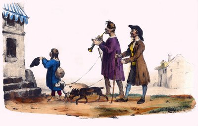 Två blinda ledda av hundar och ett tiggarbarn. I "" Album Grotesque, Choices of Outstanding Types", illustrationer av Victor Adam, Paris, cirka 1850. av Victor Adam