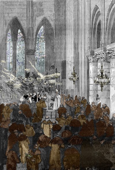 Affäre der Besessenen von Loudun um 1630: Die besessenen Ursulinen während einer Exorzismus-Sitzung in der Kirche Sainte Croix de Loudun von Victor-Armand Poirson