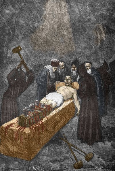 Fall av Posssedes of Loudun (demoner de Loudun) omkring 1630: häxjakt, den franske prästen Urbain Grandier (1590-1634) som påstås ingå en pakt med djävulen och anklagar för att ha förhäxat nunnor, är tortyr till broderi - (Urbain) Grandier, franska av Victor Armand Poirson
