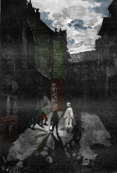 Paranormales Phänomen: „Erscheinung eines Geistes im Hof eines Spukschlosses“. Gravur aus „Les mysteres de la science“ von Louis Figuier, Privatsammlung von Victor-Armand Poirson