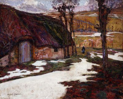 Bonde framför en stuga med halmtak; Bonde framför Chaumiere av Victor Charreton