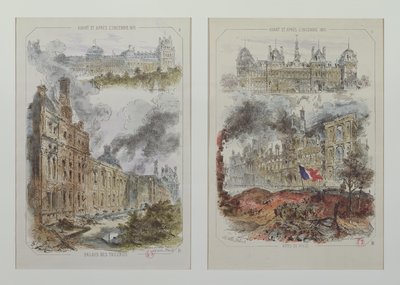 Utsikt över Tuileripalatset och Hotel de Ville före och efter bränderna 1871 av Victor Coindre