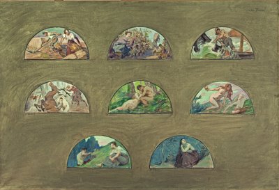 Skiss till Hôtel de Villes matsal i Paris: Les nourritures - Les plaisirs - Les sens (halvcirkelformade spandriller), mellan 1891 och 1892 (olja på duk) av Victor Emile Prouve