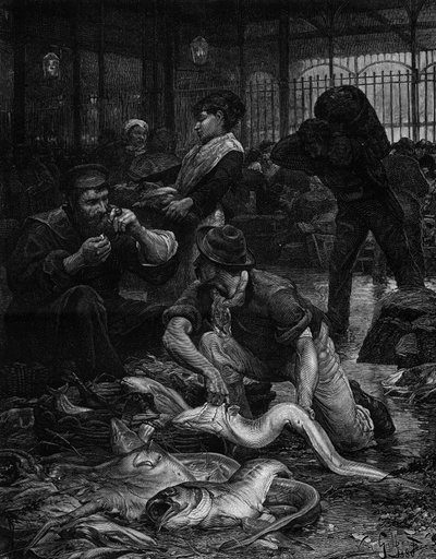 Ett hörn av Fiskhallen på morgonen (1880). Gravyr efter målningen av Victor Gabriel Gilbert (1847-1933). I "" The Illustrous World"" nr 1244 av 29 januari av Victor Gabriel Gilbert
