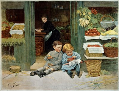 Tour honom. Barn äter rostat bröd framför sin mammas matvaror. Den lilla flickan har en docka på knäna. Målning av Victor Gilbert (1847-1935). Paris, Dekorativ konst av Victor Gabriel Gilbert