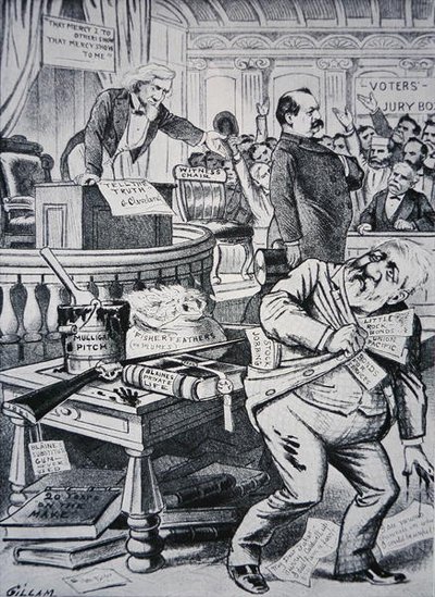 Grover Cleveland (1837-1908) berättar sanningen om sitt privatliv, medan hans motståndare James Blaine (1830-93) framställs som korrupt. av Victor Gillam