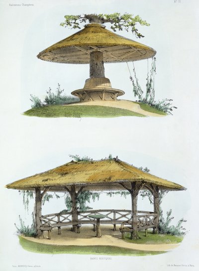 Rustika bänkar, från "Habitations Champetres", publicerad omkring 1855 (kromolitografi) av Victor Jean Baptiste Petit