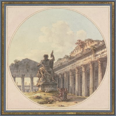 Arkitektoniskt capriccio: Interiör av en tempelruin med en staty av Jupiter Tonans och staffagefigurer av Victor Jean Nicolle