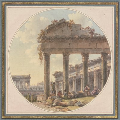 Arkitektoniskt capriccio: tempelruin och staffagefigurer av Victor Jean Nicolle