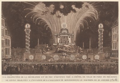 Dekoration och fyrverkerier... Monseigneur le Daufins födelse (Fyrverkerier som firar Dauphinens födelse) av Victor Jean Nicolle