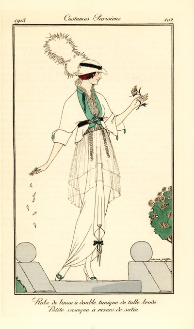 Kvinna i linneklänning med dubbel tunika i broderad tyll, liten casaquejacka fodrad med satin. Robe de linon en dubbel tunique de tylle brode, petite casaque och revers de satin. Handkolorerad pochoir (stencil) etsning efter illustration av Victor Lhu av Victor Lhuer