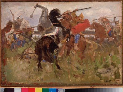Strid mellan skyterna och slaverna, sammandrabbning av ryttare i rustning av Victor Mikhailovich Vasnetsov