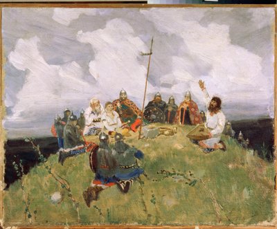 Boyan jouant du gousli (gusli, housli, husli) på 1000-talet (Boyan spelar gusli) - Verk av Viktor Mikhaylovich Vasnetsov (1848-1926), olja på kartong av Victor Mikhailovich Vasnetsov