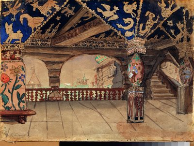 Förberedande dekor för teaterpjäsen ""La demoiselle des neiges"" av Alexandre Ostrovski (1823-1886) (Scenografi för teaterpjäsen Snow Maiden av A Ostrovsky) Träterrassen - Verk av Viktor Mikhaylovich Vasnetsov (1848-1926) ) , olja på av Victor Mikhailovich Vasnetsov