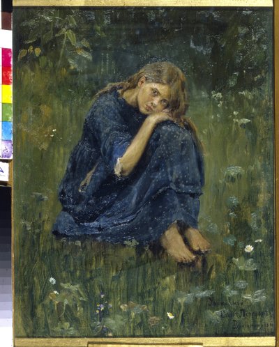 Studera för Alyonushka (Alyonushka. Study). Inspirerad av den traditionella ryska legenden om syster Alionouchka och hennes bror Ivanouchka. Målning av Viktor Mikhaylovich Vasnetsov (1848-1926), olja på duk av Victor Mikhailovich Vasnetsov