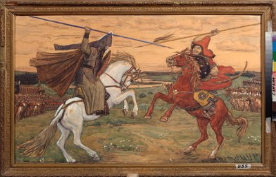 Duellen mellan Alexander Peresvet och tataren Chelibey (eller Chelubey, Temir Mourza (Temir-Mourza) på Kulikovo-slätten 1380, under striden mellan ryssarna och den gyllene horden (Single Combat of Peresvet and Temir Murza (Temir-Murza) på Kulikovo av Victor Mikhailovich Vasnetsov