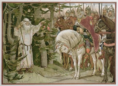 Prins Oleg (d.c.912) möter en spåman som profeterar att hans häst kommer att orsaka hans död, illustration från "Sången om Oleg den vise". 1899 av Victor Mikhailovich Vasnetsov